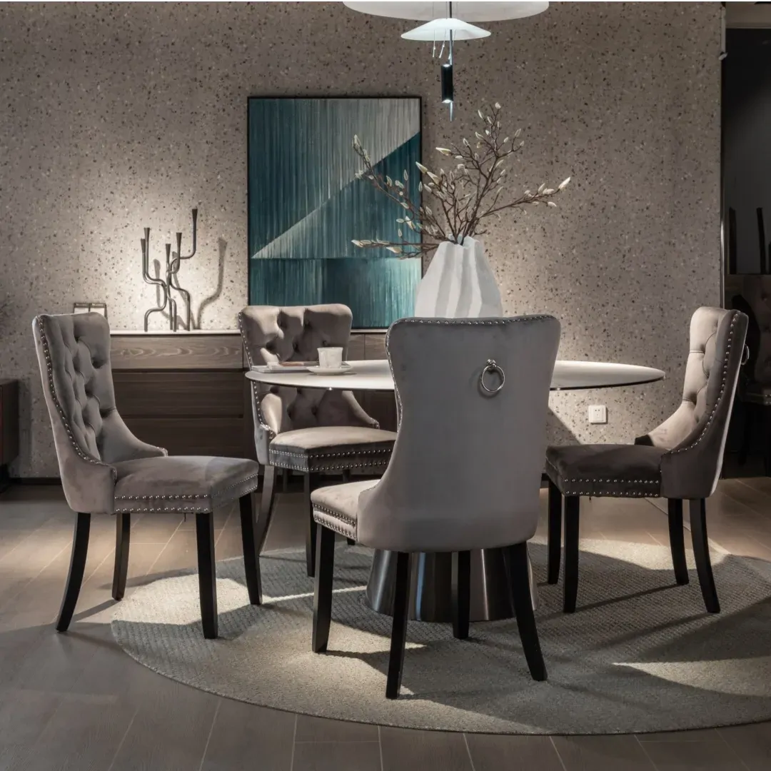 6x Velvet Dining Chairs Upholstered Tufted Kithcen Chair with Solid Wood Legs Stud Trim and Ring-Gray Price