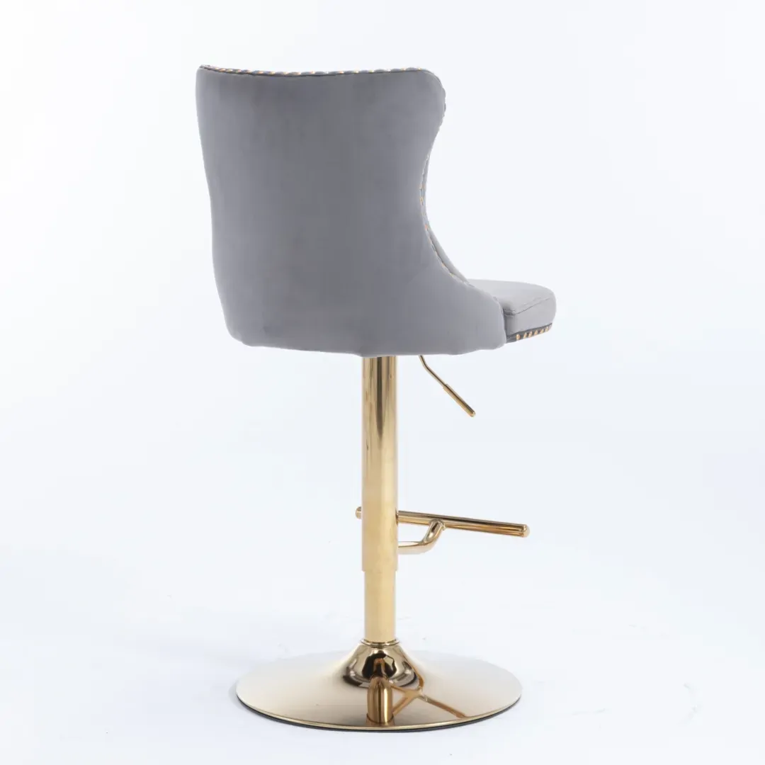 2x Height Adjustable Swivel Bar Stool Velvet Studs Barstool with Footrest and Golden Base- Grey Price
