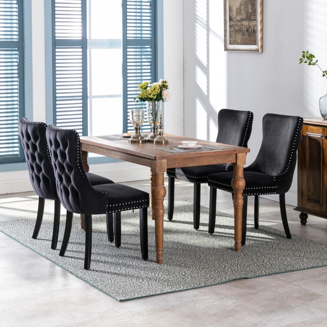 4x Velvet Upholstered Dining Tufted Chairs with Studs Trim and Solid Wood Legs-Black Price