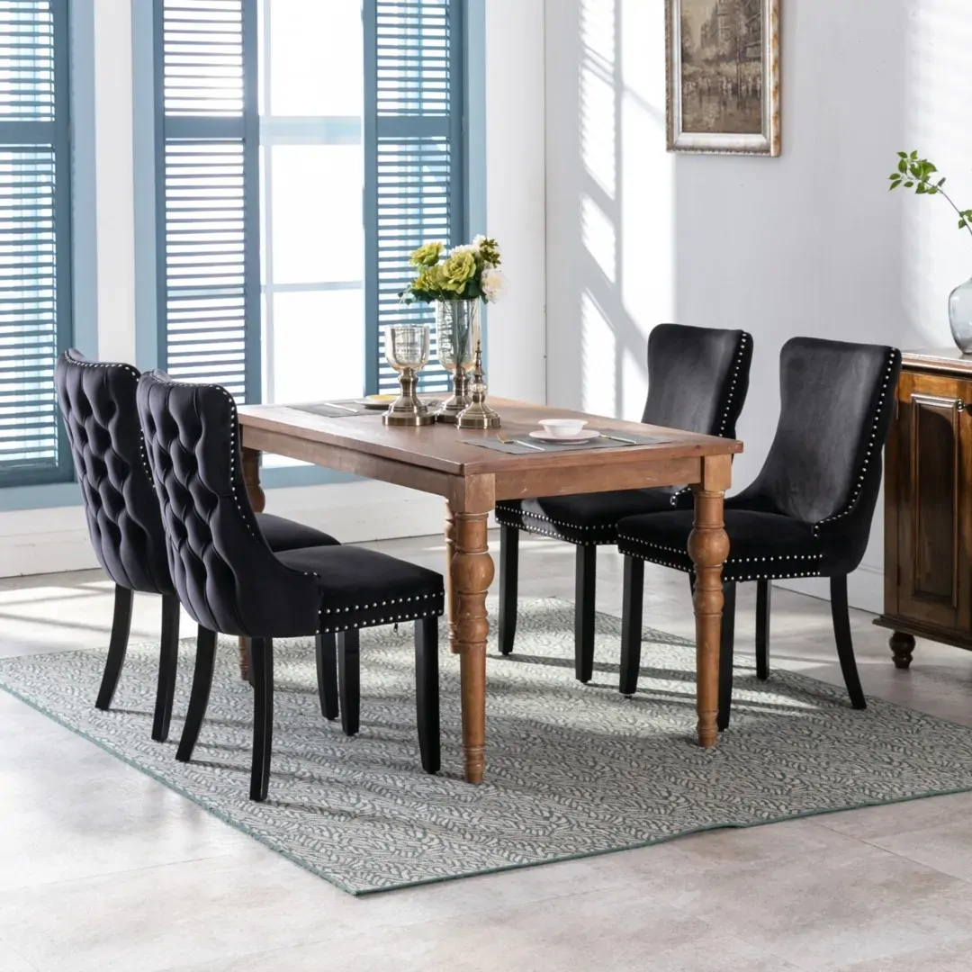 4x Velvet Upholstered Dining Chairs Tufted Wingback Side Chair with Studs Trim Solid Wood Legs for Kitchen Price