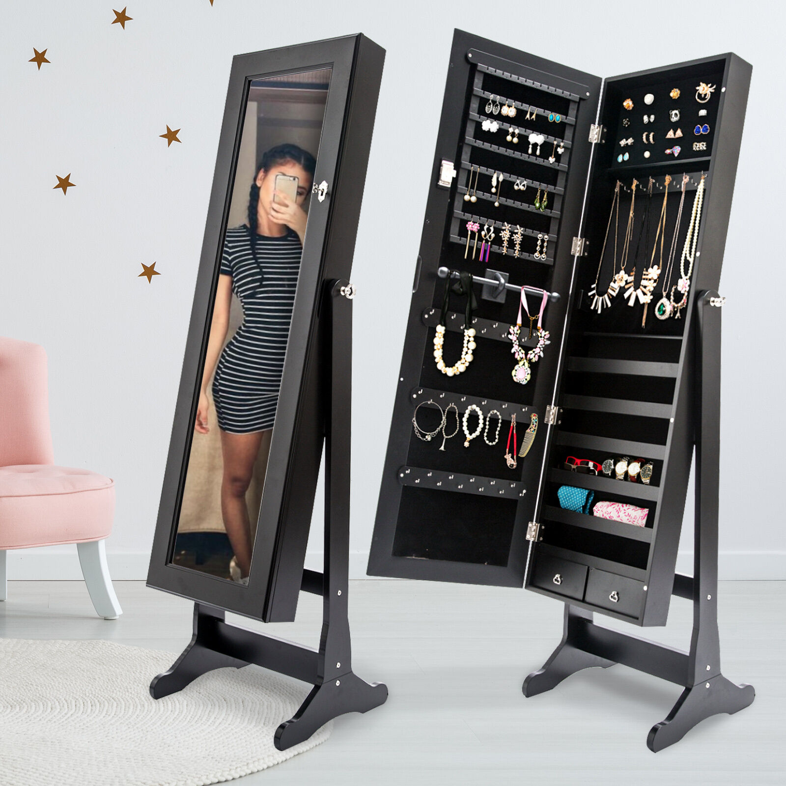 Mirror Jewellery Cabinet Organiser 2 Drawers LOWE 146cm BLACK Price