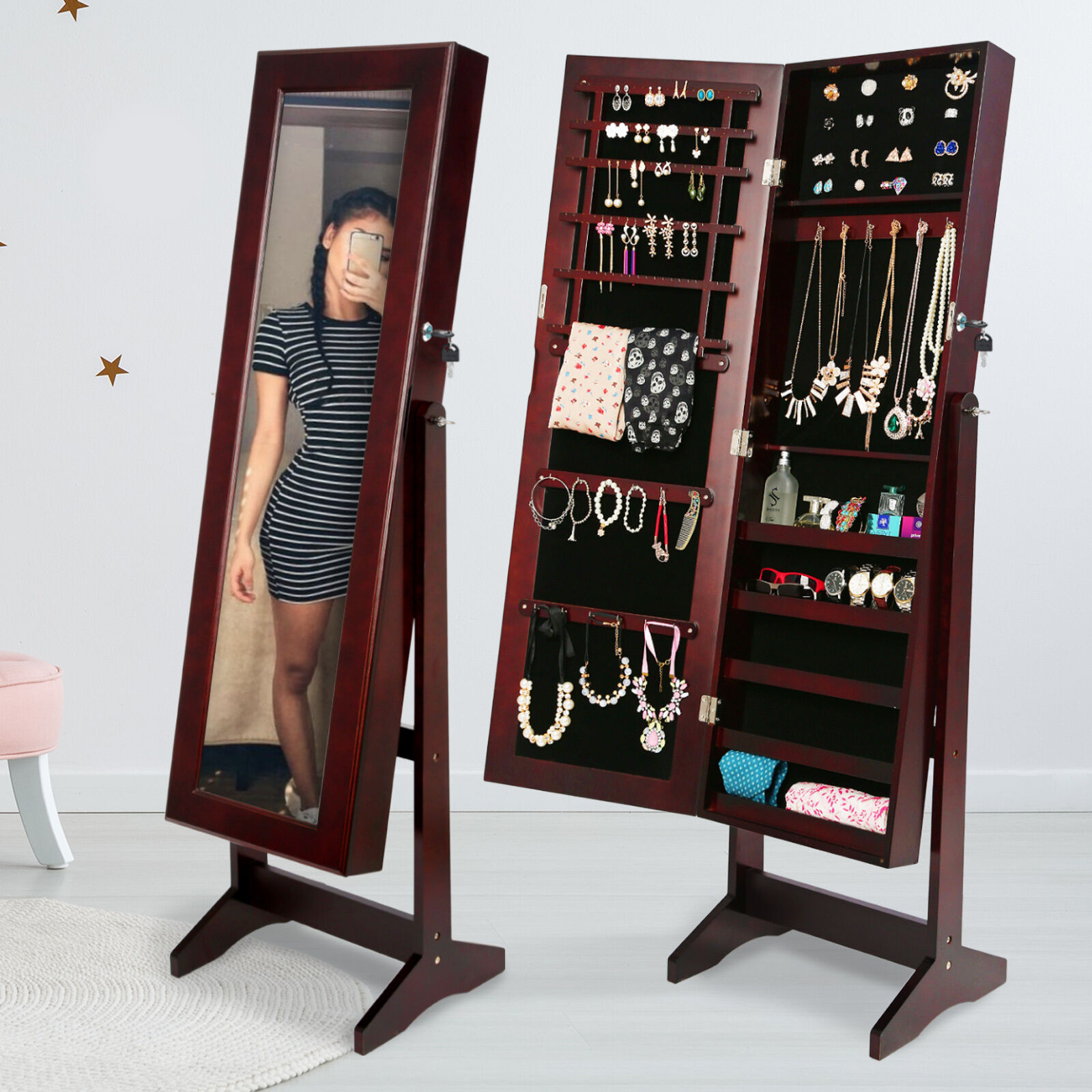 Mirror Jewellery Cabinet Storage Organiser LUVO 146cm WALNUT Price
