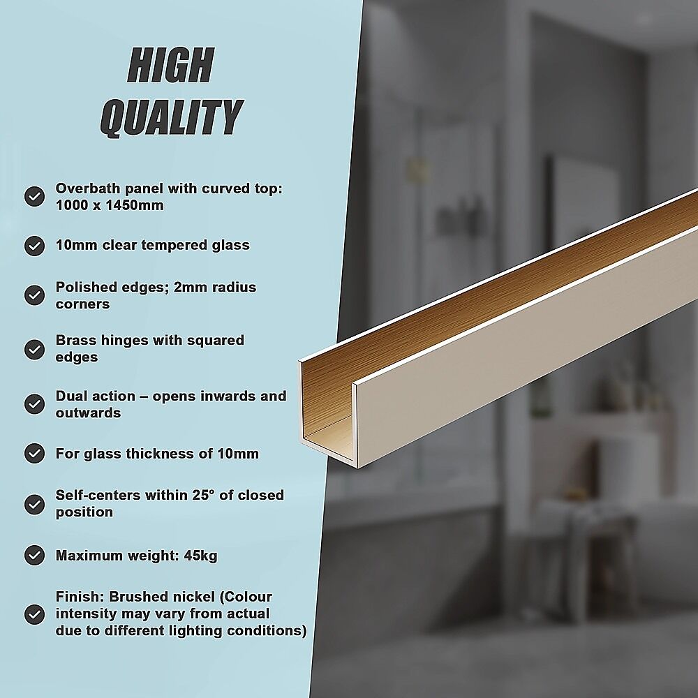 100cm Frameless Glass Bath Screen with Channel and Brass Hinges - Nickel Price