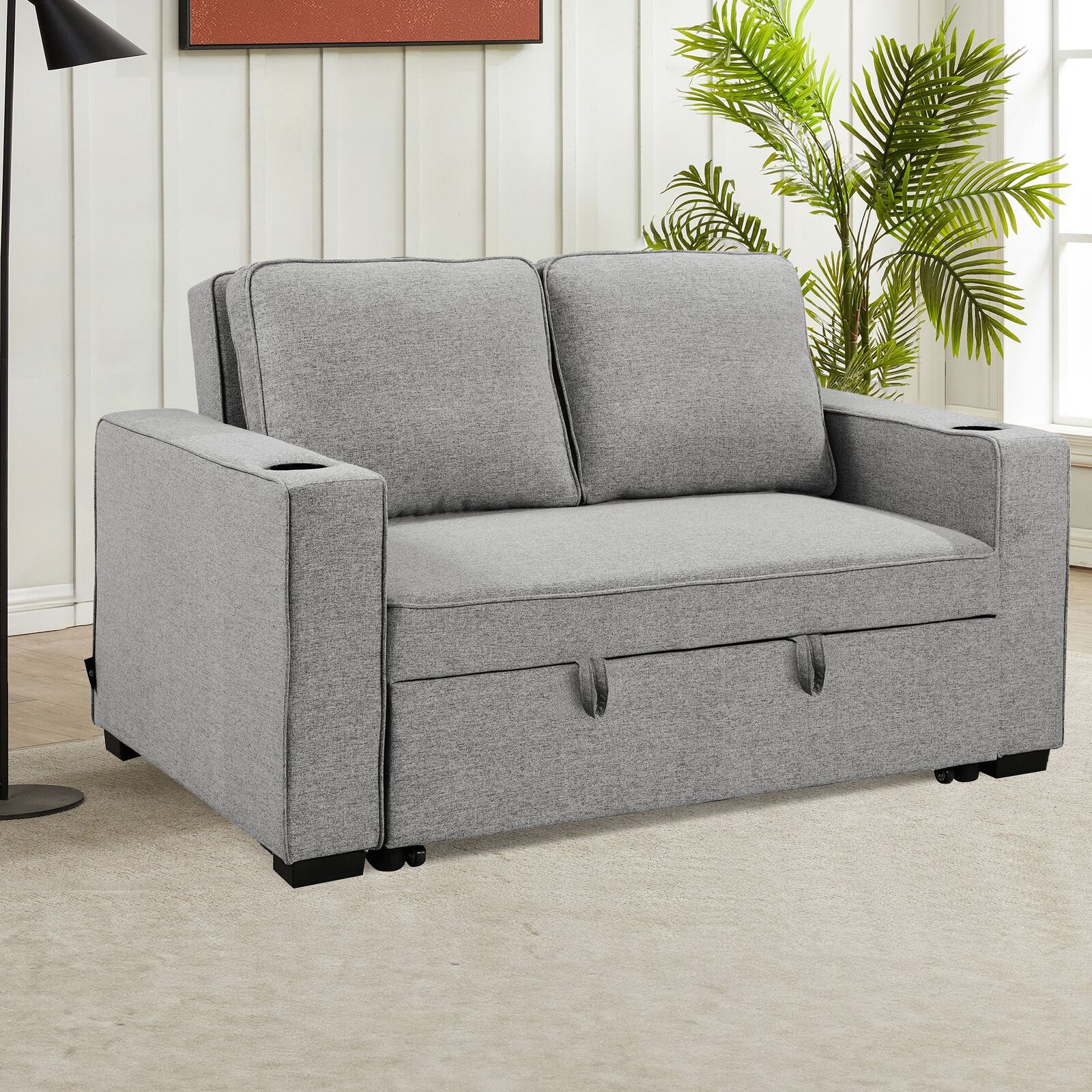 Sarantino Hoffman Linen Sofa Bed with Cushions &Cup Holders Light Grey Price
