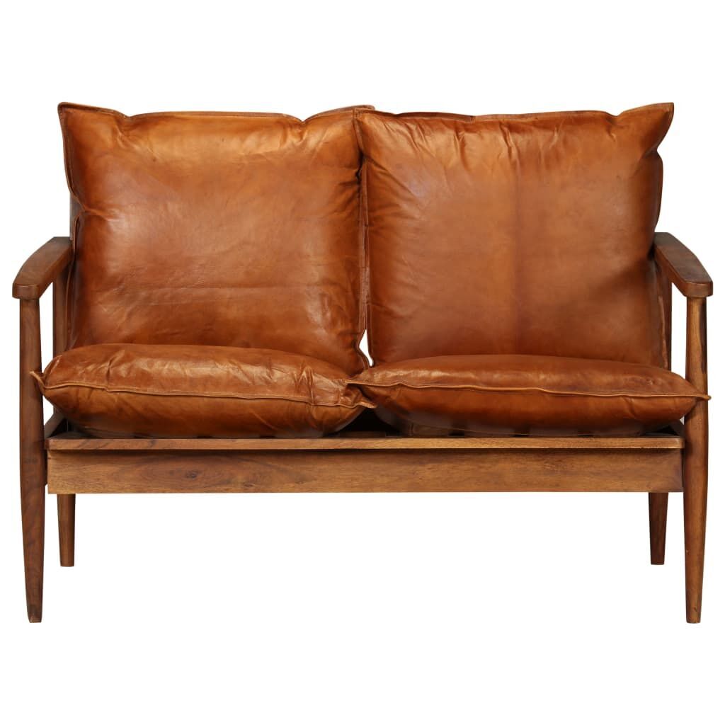 2-Seater Sofa Real Leather with Acacia Wood Brown Price