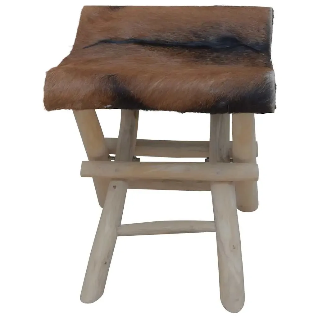 Folding Stool Goatskin Leather and Solid Teak Wood Price
