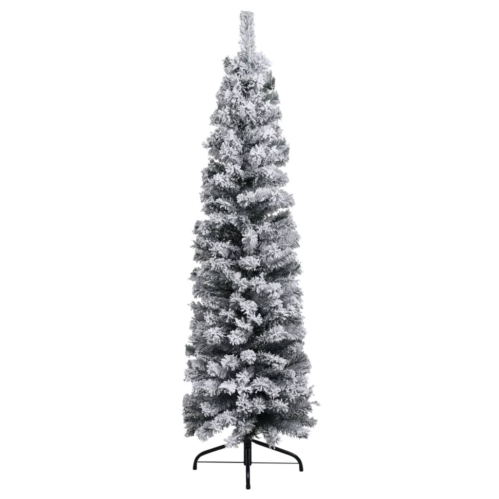 Slim Pre-lit Christmas Tree with Flocked Snow Green 210 cm PVC Price