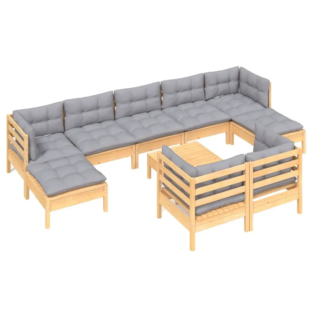 10 Piece Garden Lounge Set with Grey Cushions Solid Pinewood Price