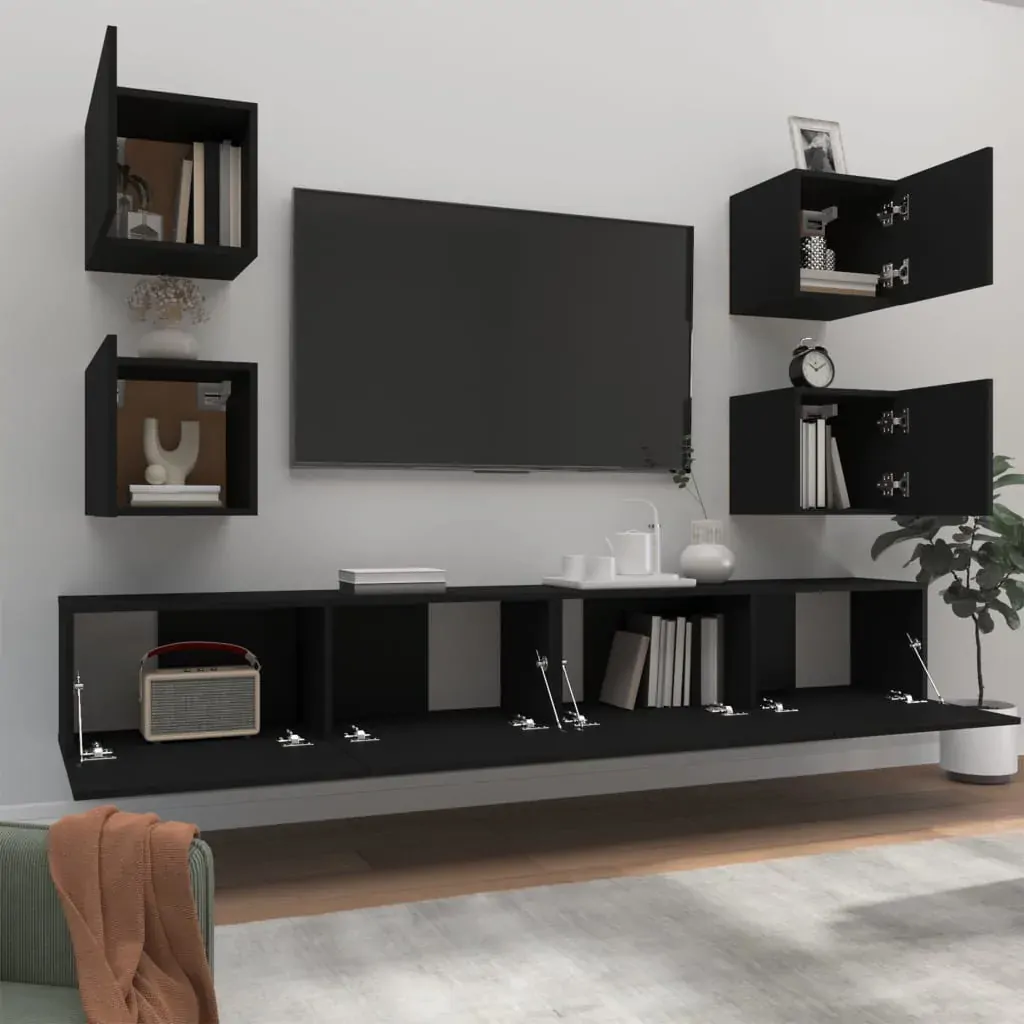 6 Piece TV Cabinet Set Black Engineered Wood Price
