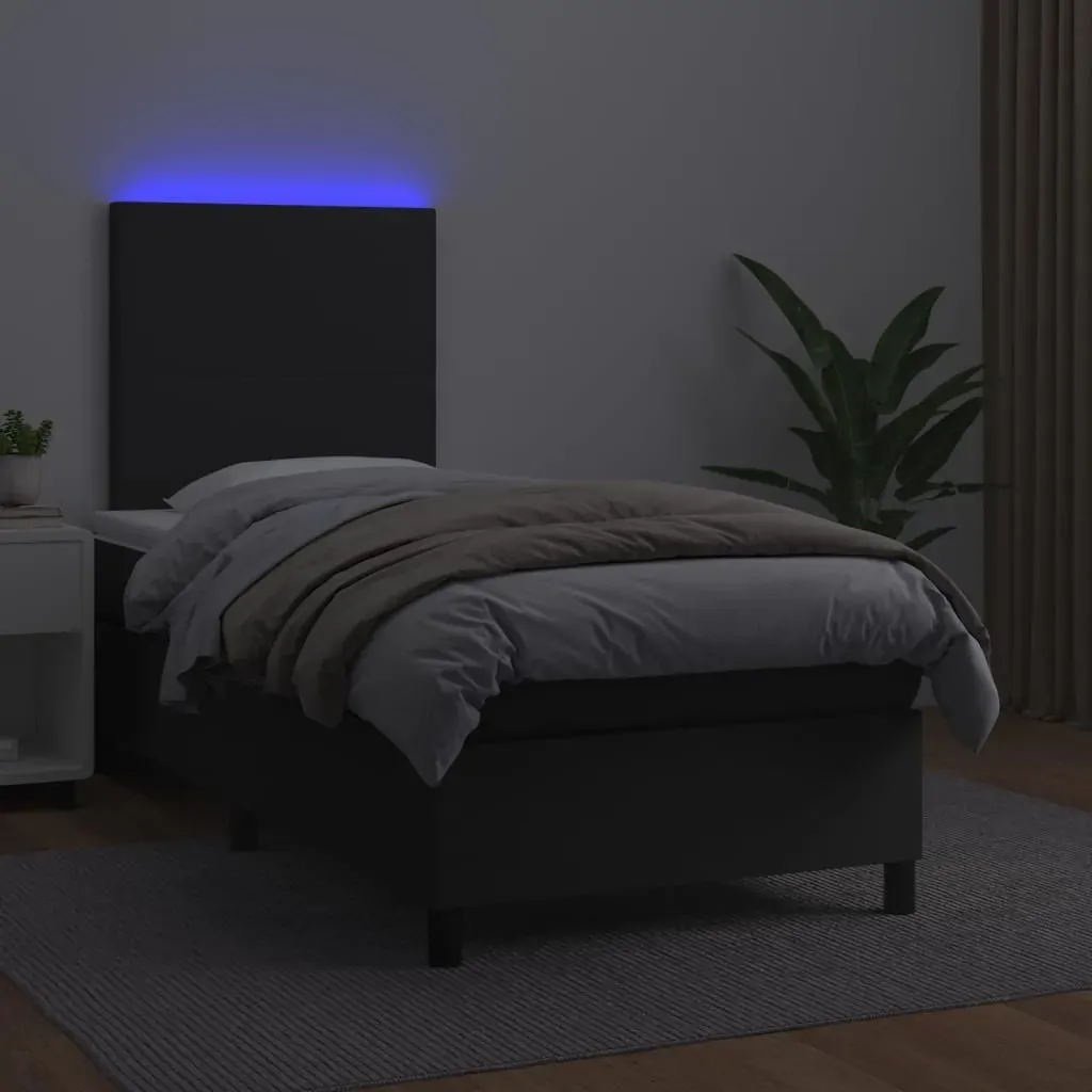 Box Spring Bed with Mattress&LED Black 106x203 cm King Single Size Faux Leather Price