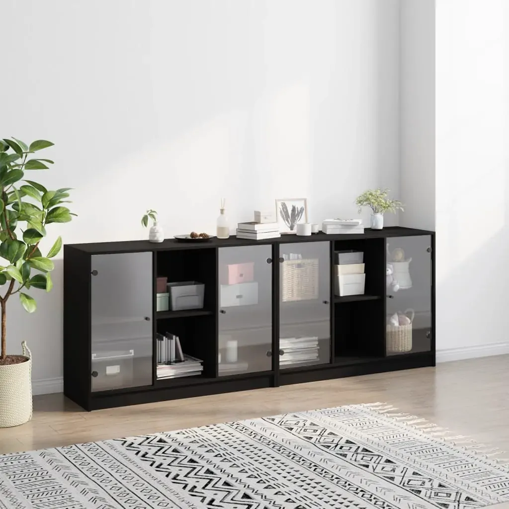 Bookcase with Doors Black 204x37x75 cm Engineered Wood Price