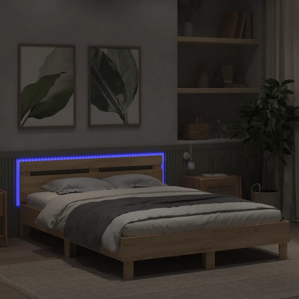 Bed Frame with LED without Mattress Sonoma Oak 150x200 cm Price