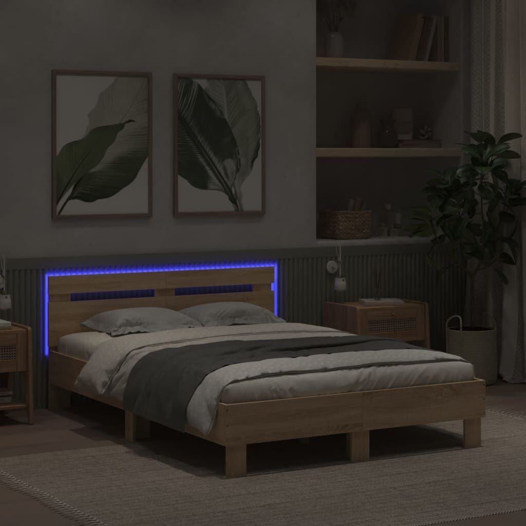 Bed Frame with LED without Mattress Sonoma Oak 135x190 cm Price