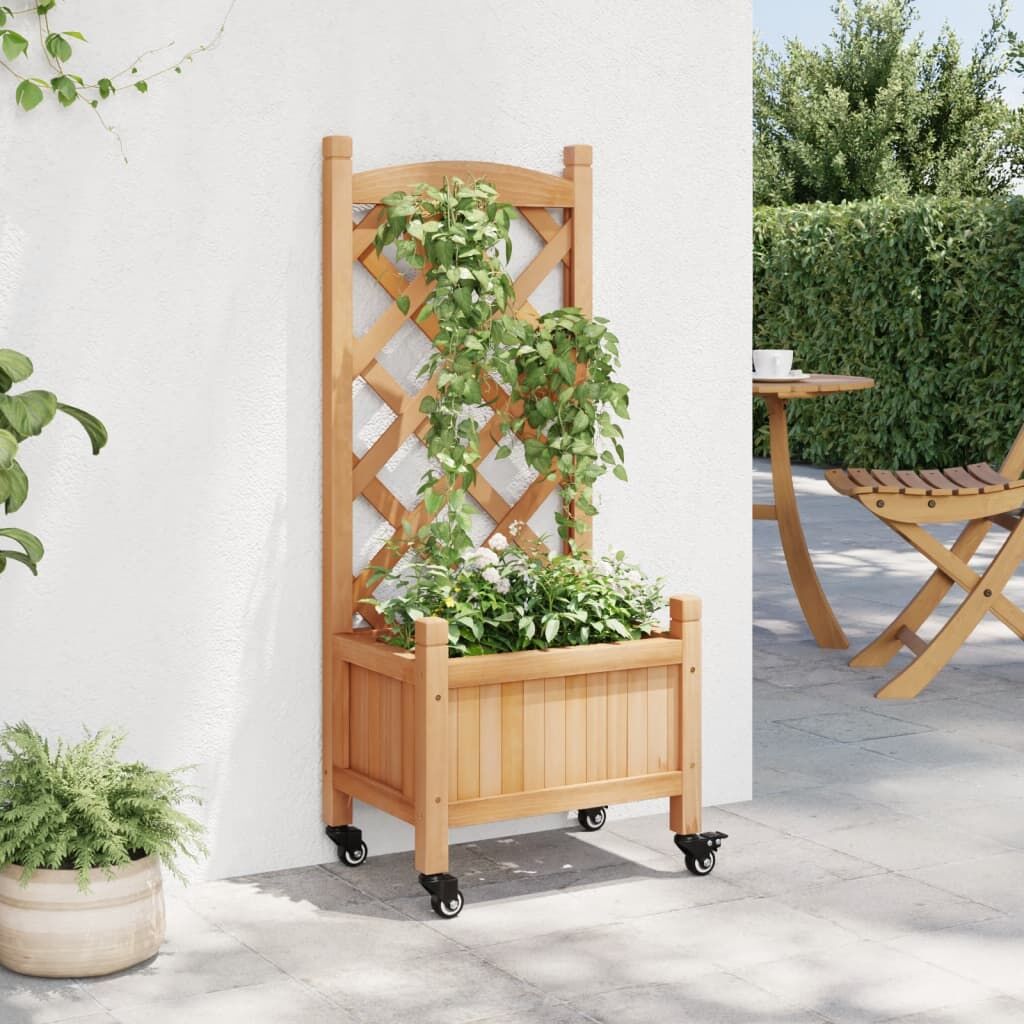 Planter with Trellis and Wheels Brown Solid Wood Fir Price