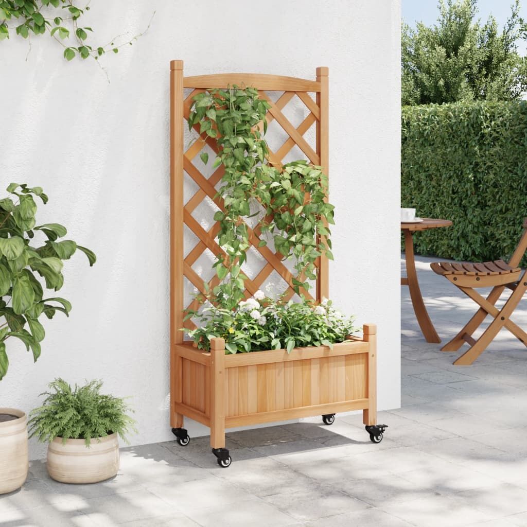 Planter with Trellis and Wheels Brown Solid Wood Fir Price