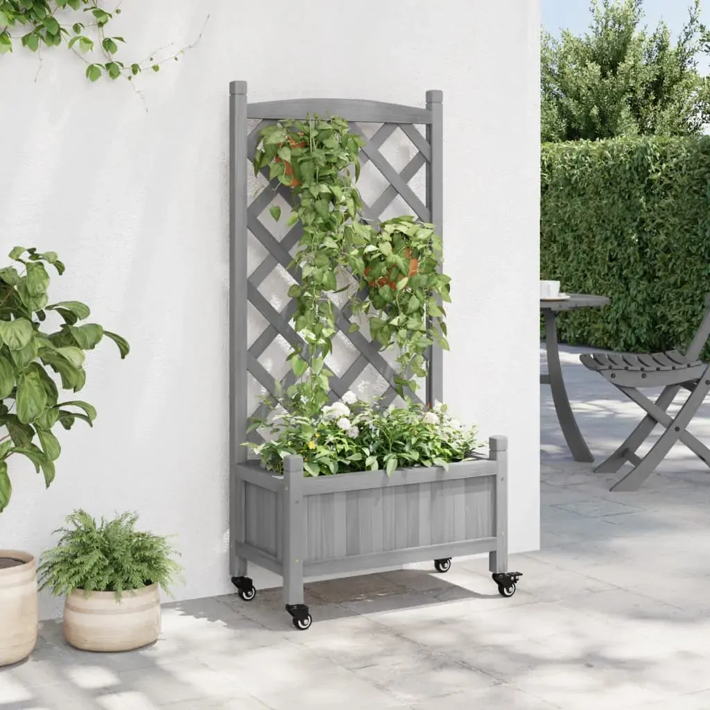 Planter with Trellis and Wheels Grey Solid Wood Fir Price