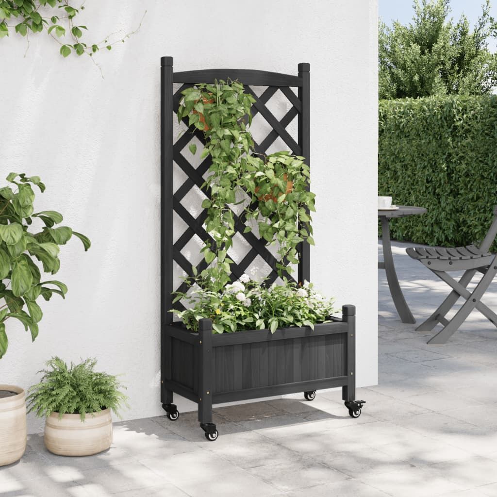 Planter with Trellis and Wheels Black Solid Wood Fir Price