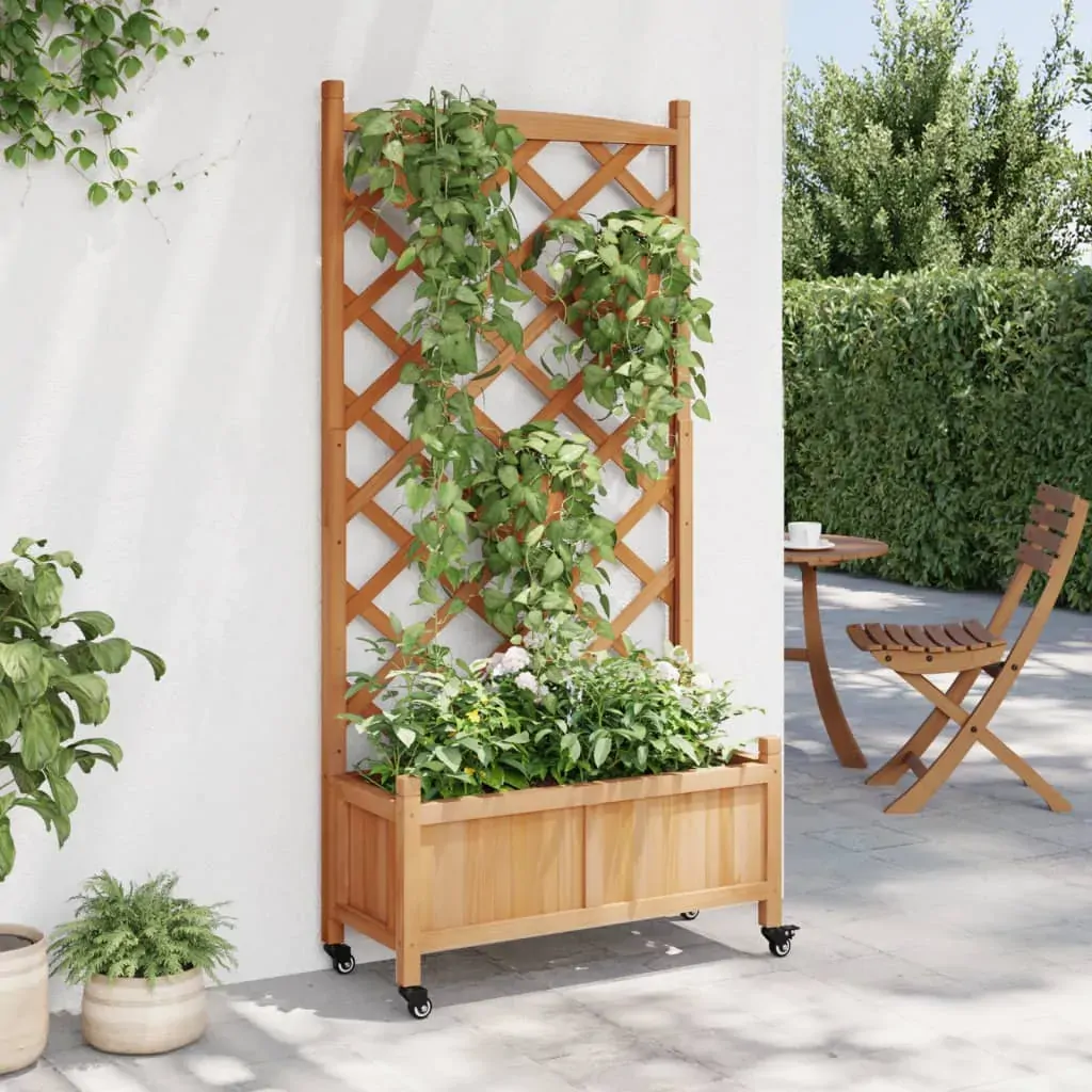Planter with Trellis and Wheels Brown Solid Wood Fir Price