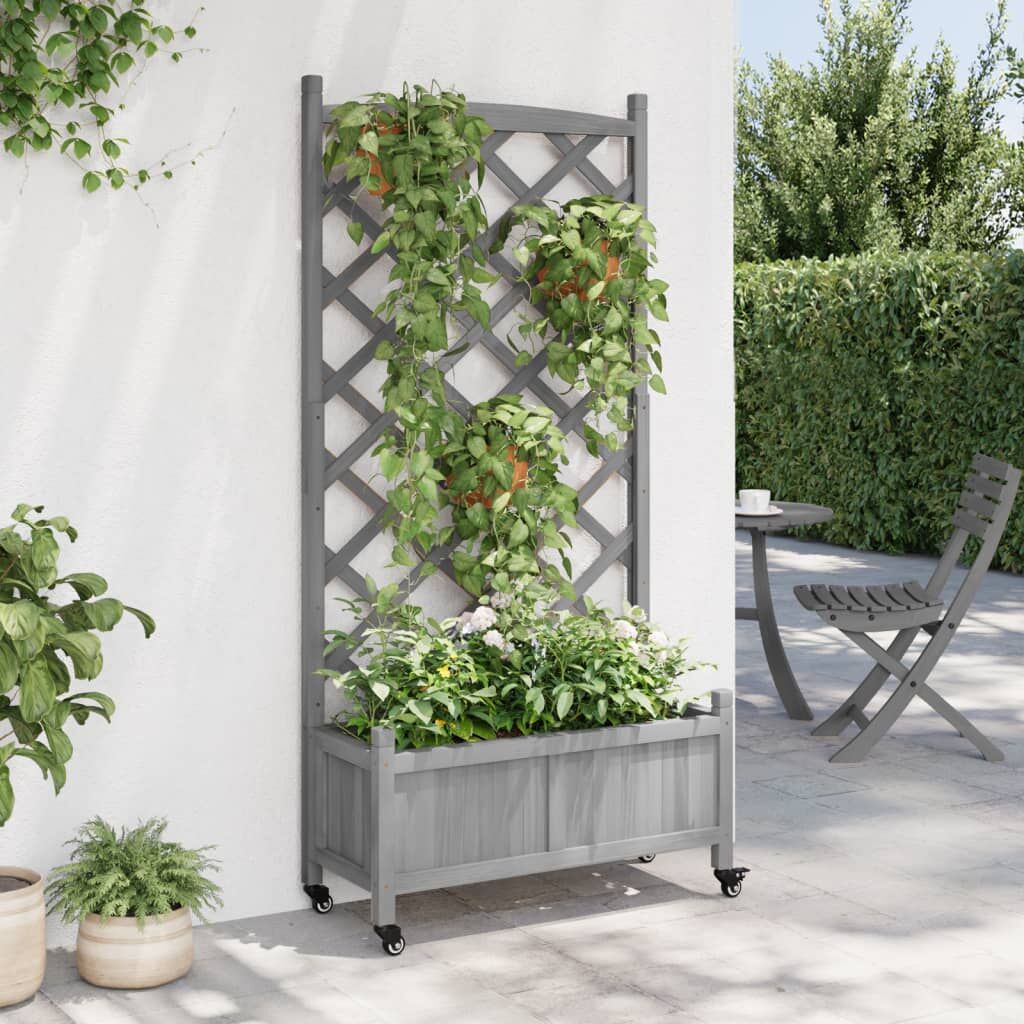 Planter with Trellis and Wheels Grey Solid Wood Fir Price