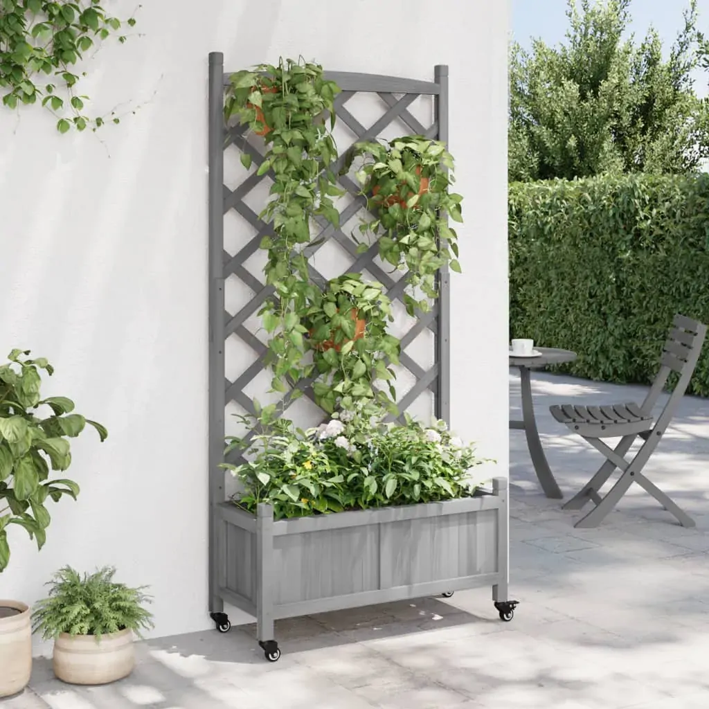 Planter with Trellis and Wheels Grey Solid Wood Fir Price