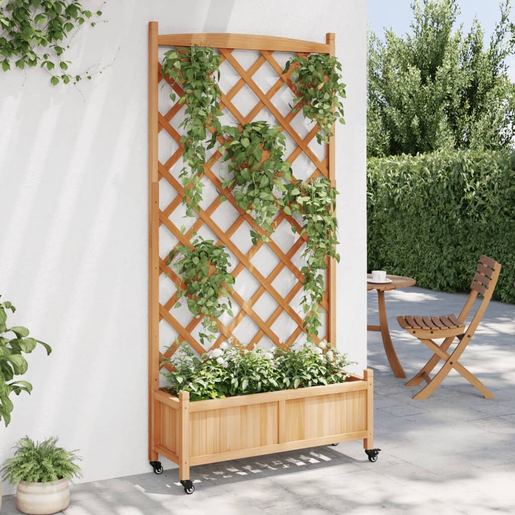 Planter with Trellis and Wheels Brown Solid Wood Fir Price
