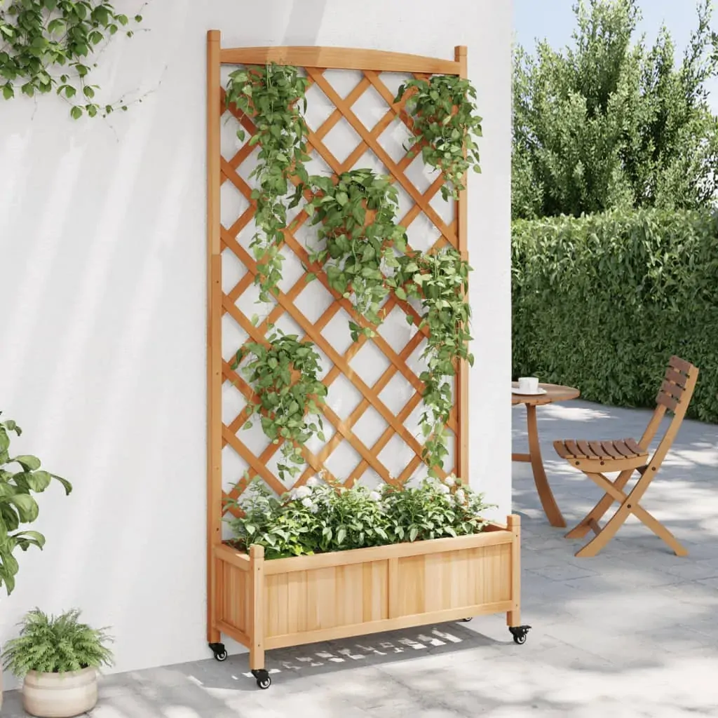 Planter with Trellis and Wheels Brown Solid Wood Fir Price