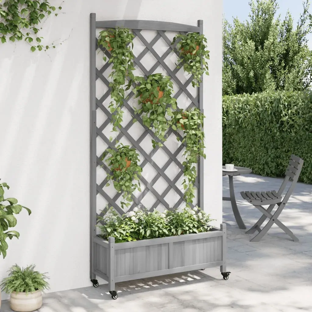 Planter with Trellis and Wheels Grey Solid Wood Fir Price