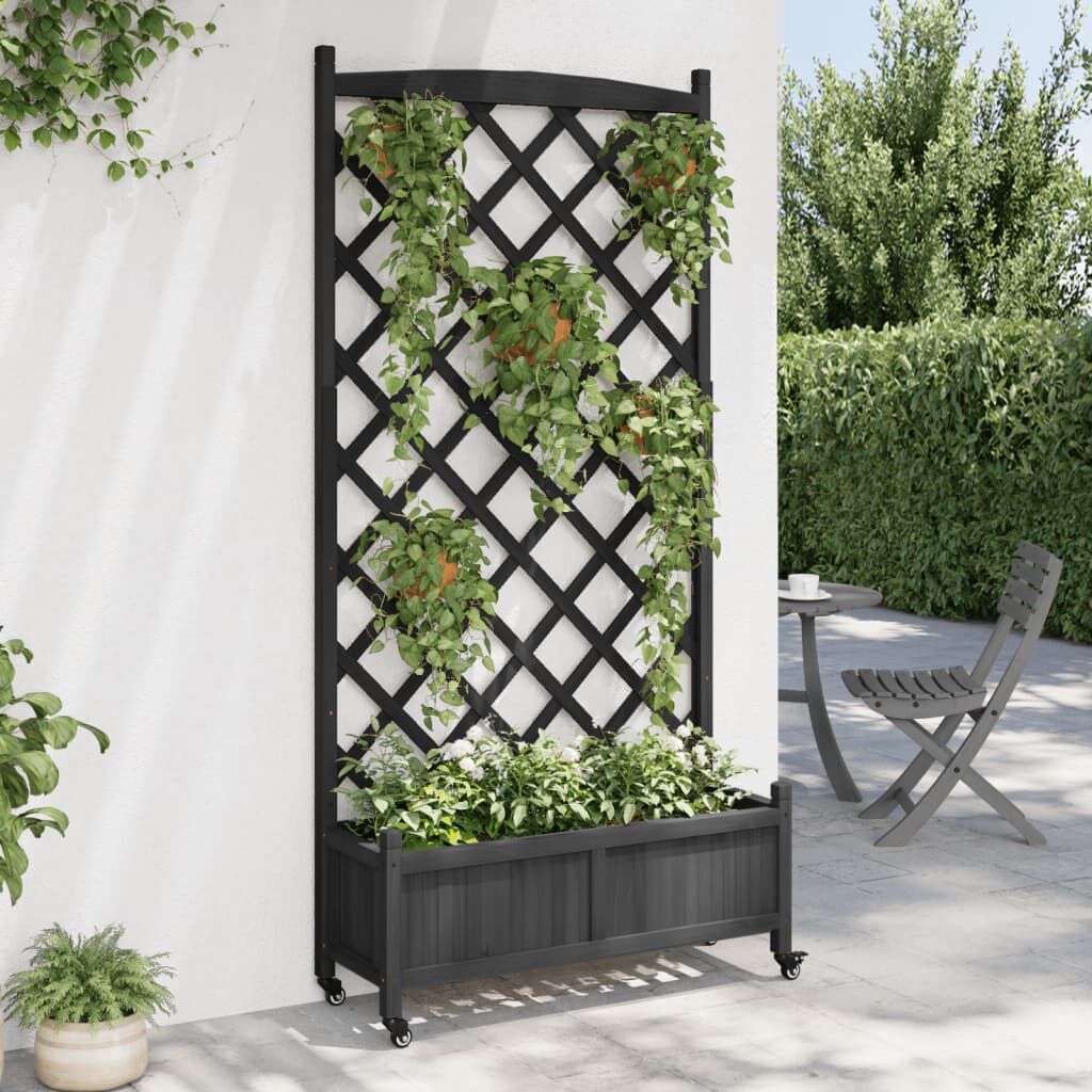 Planter with Trellis and Wheels Black Solid Wood Fir Price