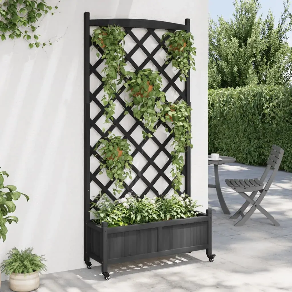 Planter with Trellis and Wheels Black Solid Wood Fir Price