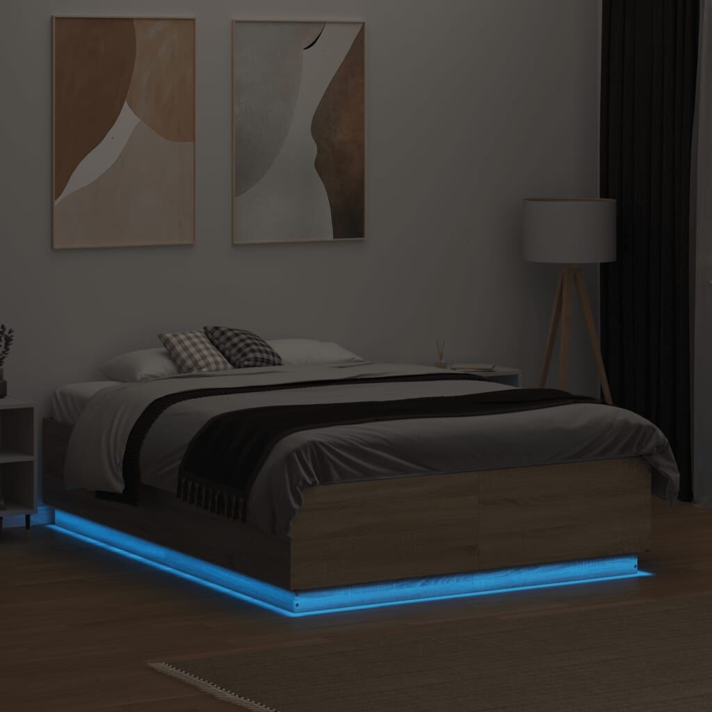 Bed Frame with LED without Mattress Sonoma Oak 135x190 cm Price