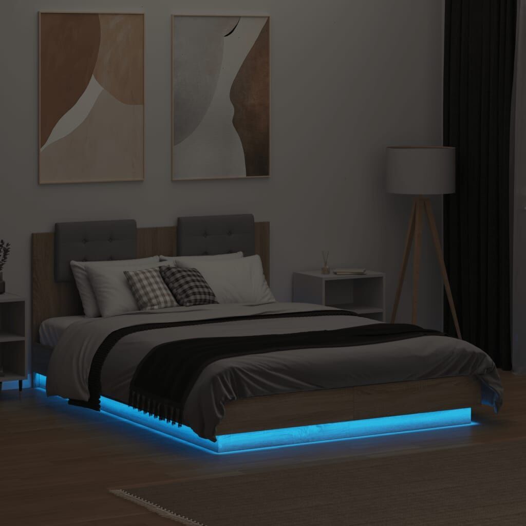 Bed Frame with LED without Mattress Sonoma Oak 135x190 cm Price
