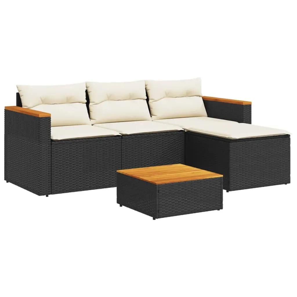 5 Piece Garden Sofa Set with Cushions Black Poly Rattan Acacia Price