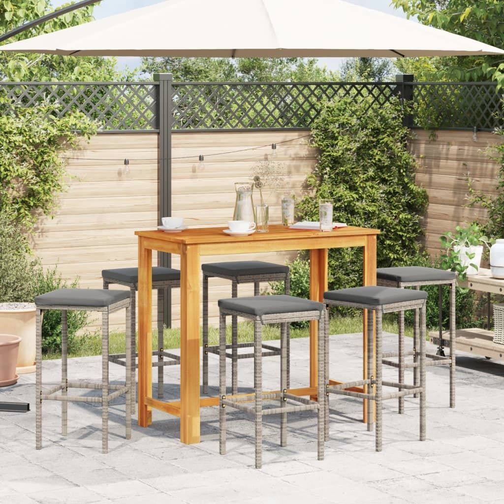 7 Piece Garden Bar Set Grey Solid Wood Acacia and Poly Rattan Price