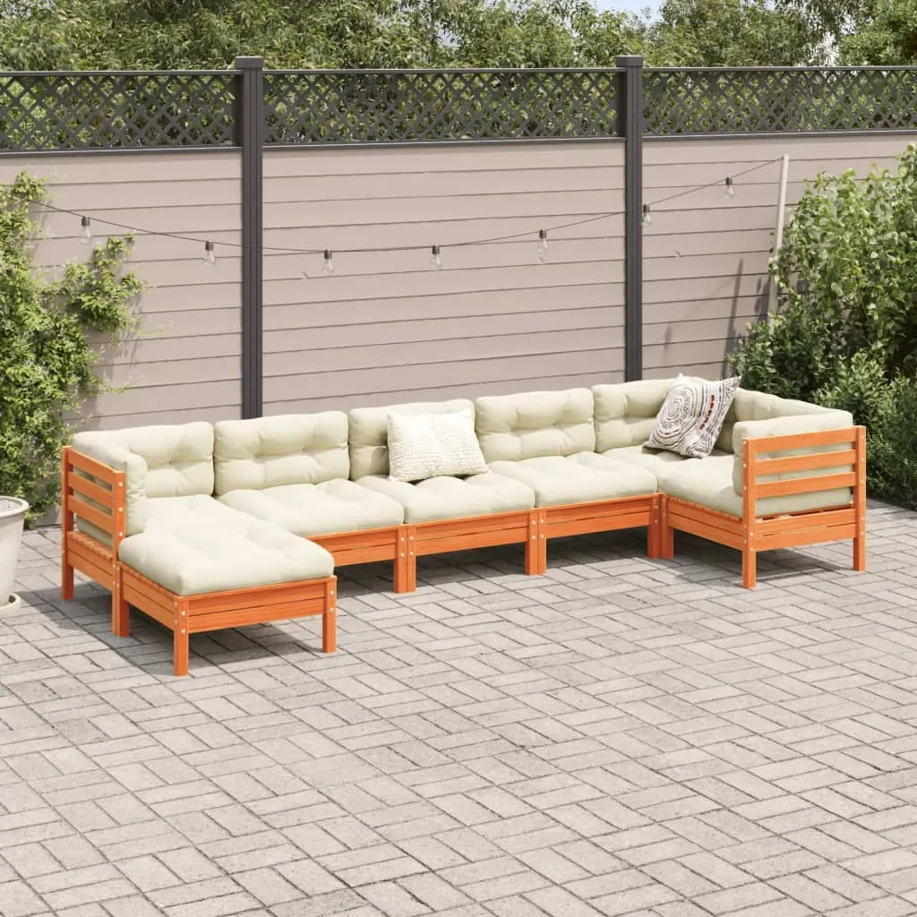 7 Piece Garden Sofa Set with Cushions Wax Brown Solid Wood Pine Price