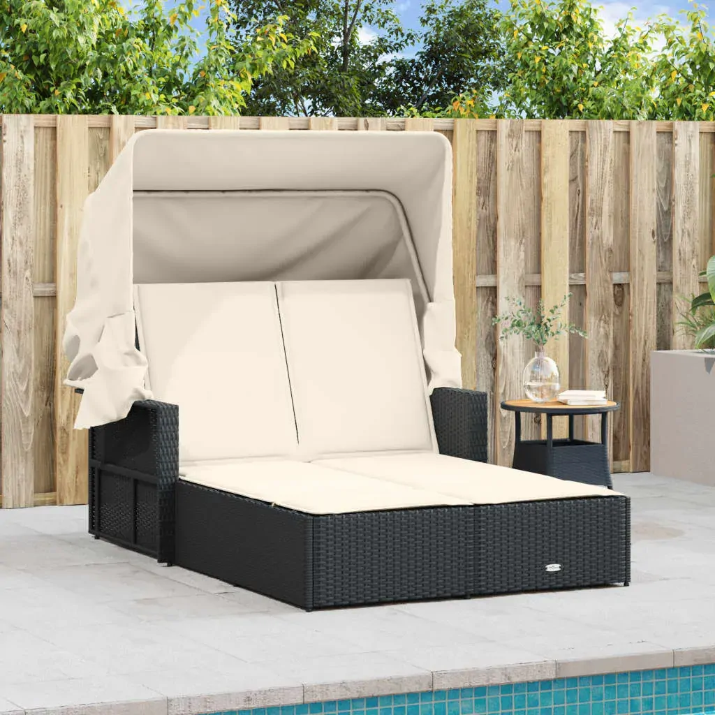 Double Sun Lounger with Canopy and Cushions Black Poly Rattan Price