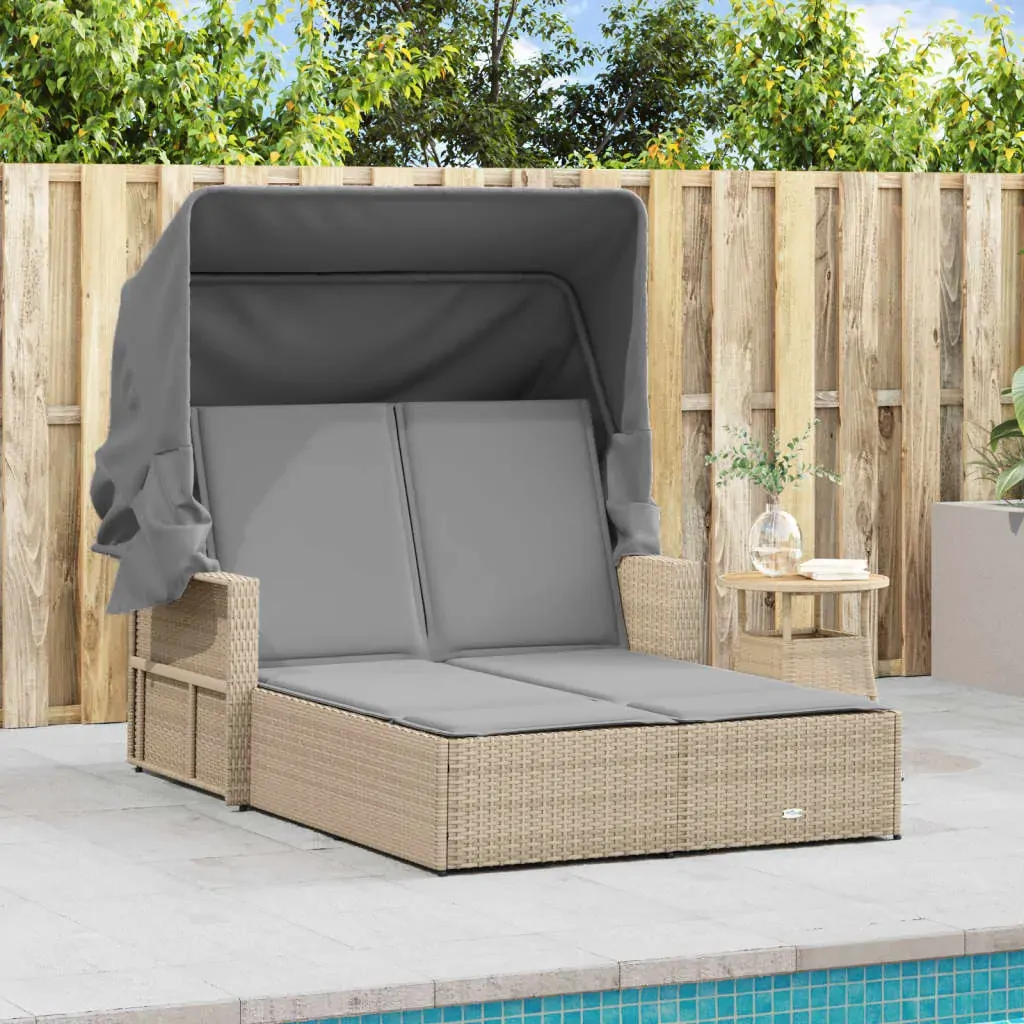 Double Sun Lounger with Canopy and Cushions Mix Beige Poly Rattan Price