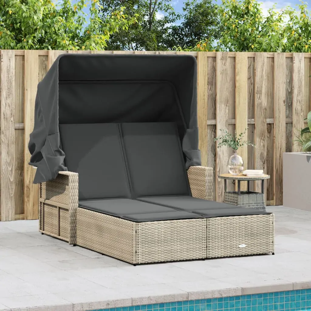 Double Sun Lounger with Canopy and Cushions Light Grey Poly Rattan Price