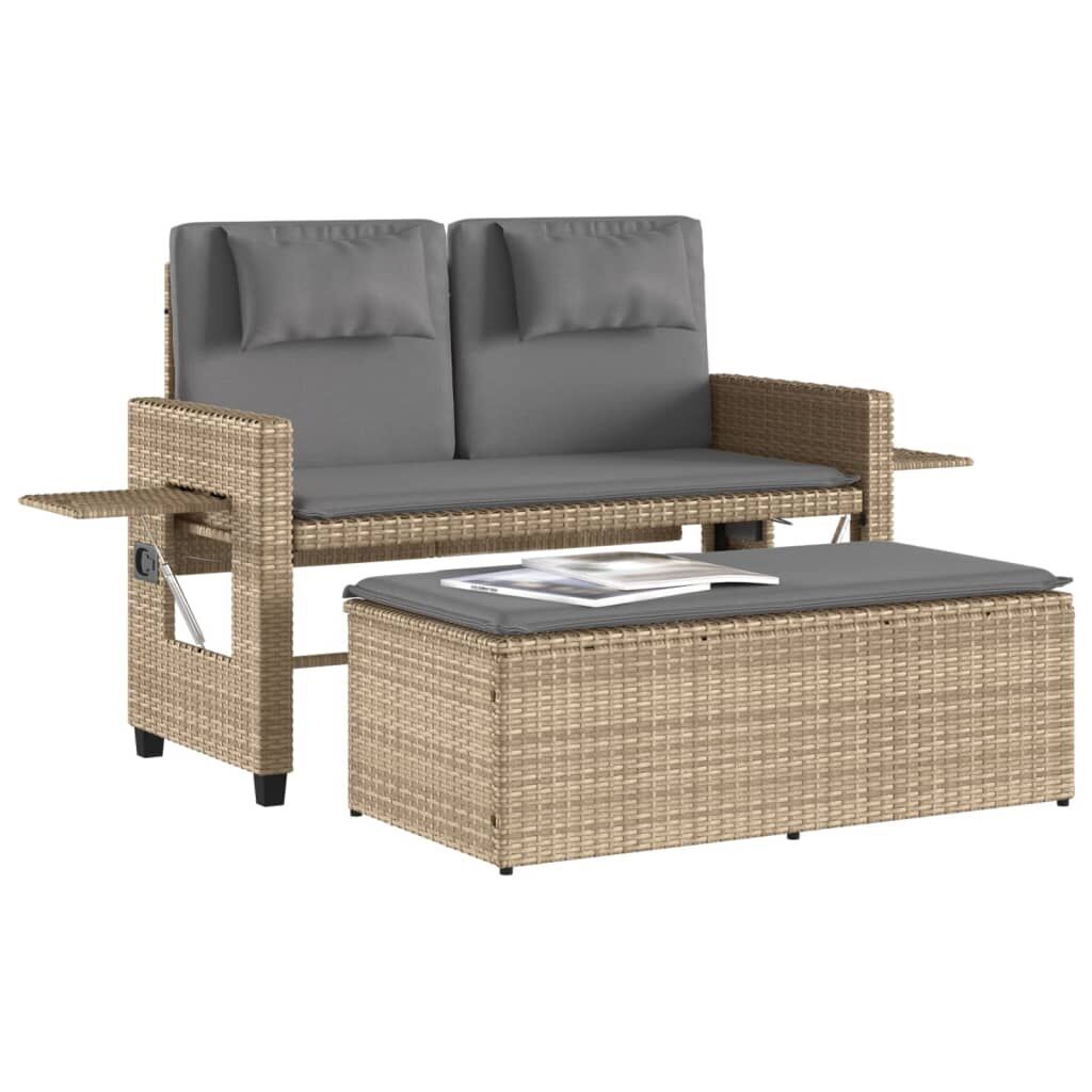 Reclining Garden Bench with Cushions Beige Poly Rattan Price