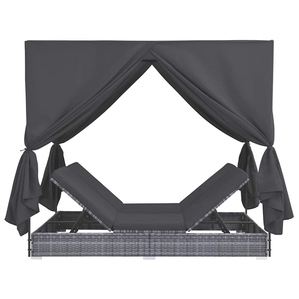 Outdoor Lounge Bed with Curtains Poly Rattan Grey Price