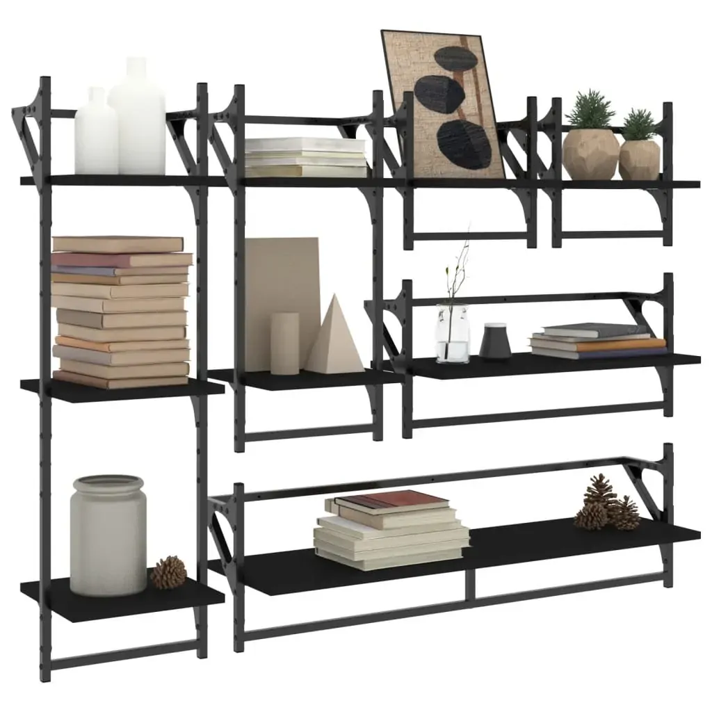 6 Piece Wall Shelf Set with Bars Black Engineered Wood Price