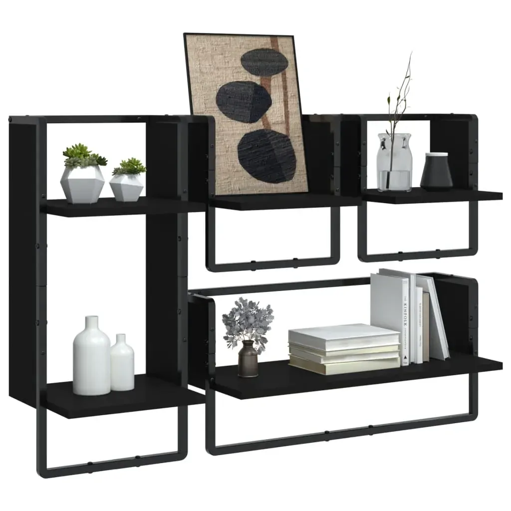 4 Piece Wall Shelf Set with Bars Black Engineered Wood Price
