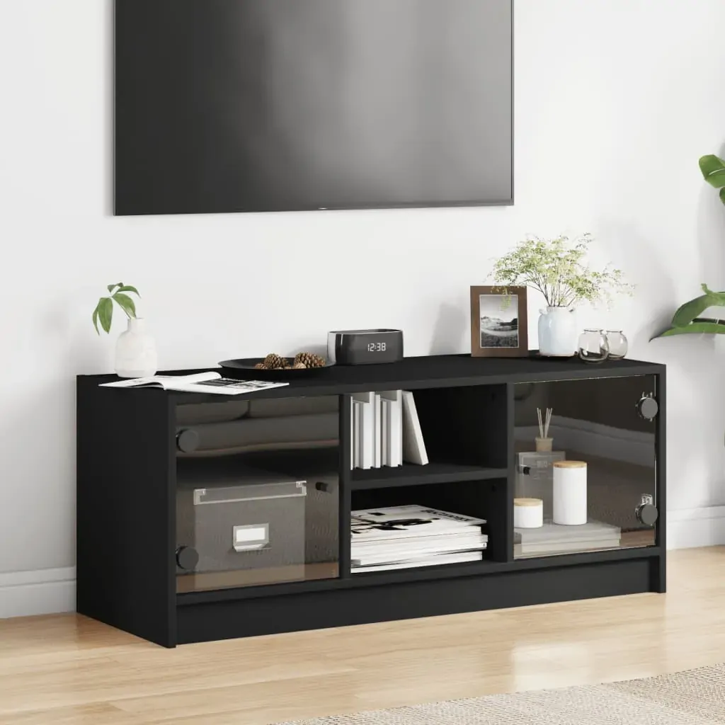 TV Cabinet with Glass Doors Black 102x37x42 cm Price