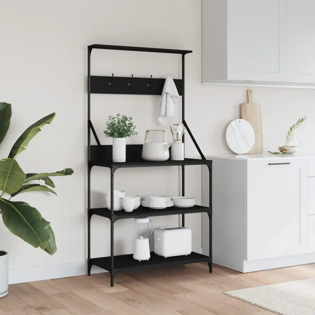 Baker's Rack with Hooks 4-Tier Black Engineered Wood Price