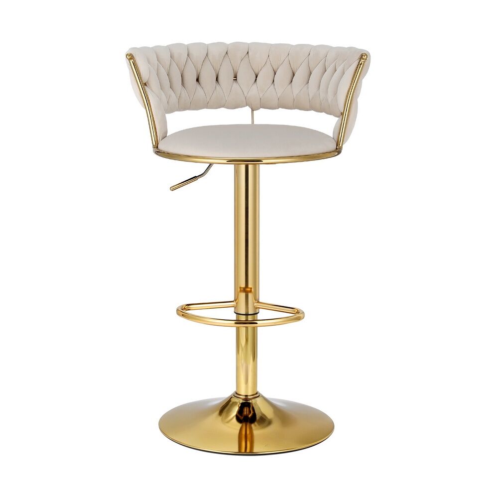 2x Bar Stools Gas Lift Velvet Woven Backrest Ivory Price