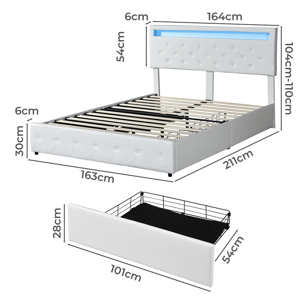 Queen Bed Frame RGB LED PU 4 Drawer USB Price