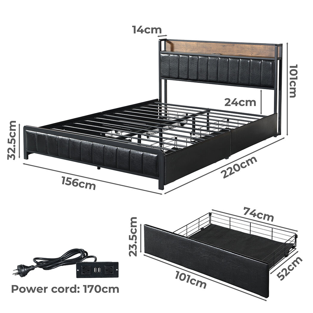 Queen Bed Frame PU 4 Drawer USB Charge Price