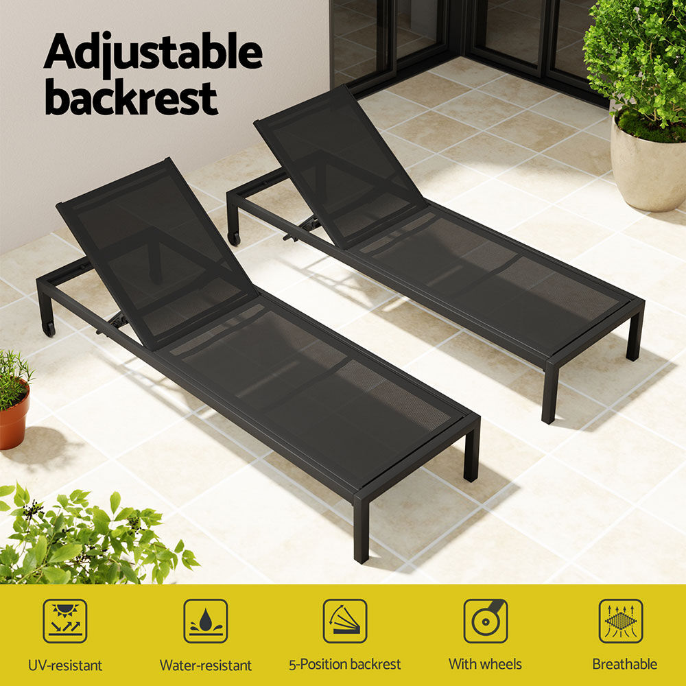 Gardeon Sun Lounge Outdoor Lounger Aluminium Folding Beach Chair Wheels Black Price