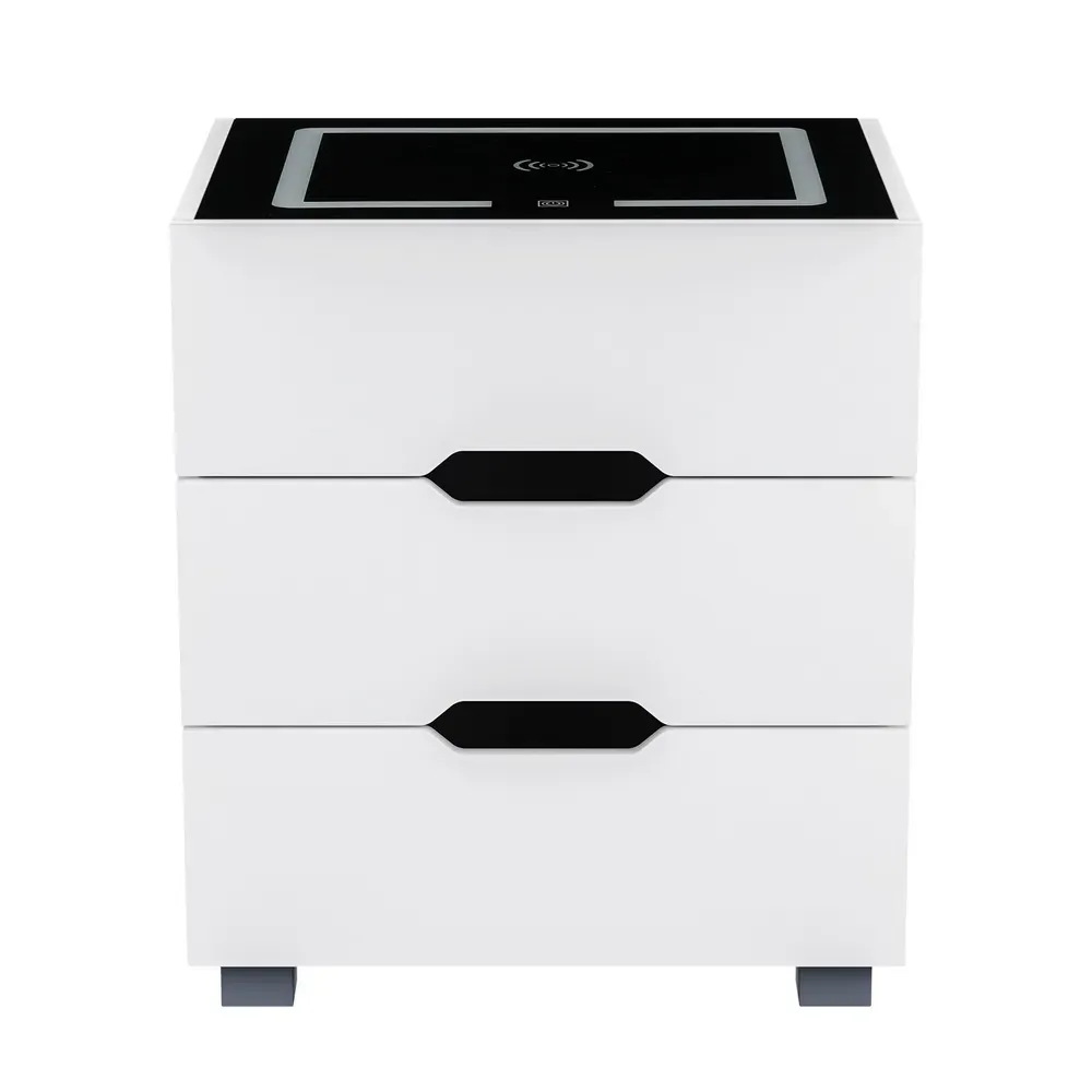 Smart Bedside Table 3 Drawers with Wireless Charging Ports LED White ADAD Price