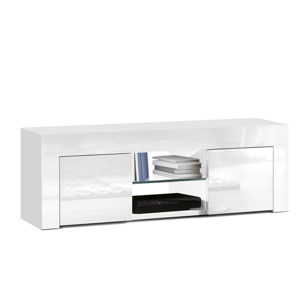 130cm High Gloss TV Stand Entertainment Unit Storage Cabinet Tempered Glass Shelf White Price