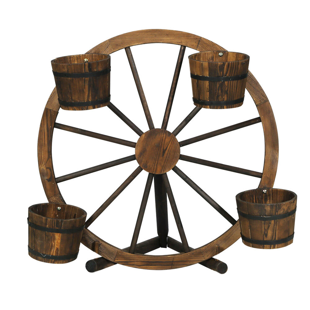 Garden Decor Plant Stand Outdoor Ornament Wooden Wagon Wheel 80cm Price